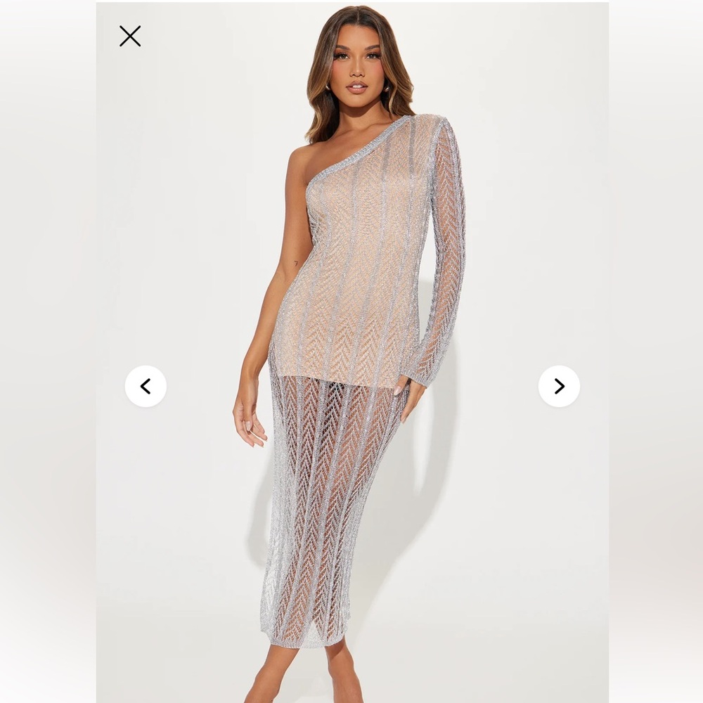 Fashion Nova Silver One-Shoulder Midi Dress